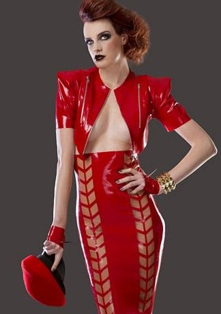 Latex Cropped Riders Jacket Bolero in Red with metal zippers.