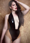 Latex Elissa Bodysuit in Black with Translucent Natural panels.