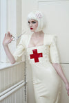 Latex Nurse dress pencil skirt in white with red cross.