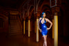 Latex Chun Li dress in Metallic Blue with Gold glitter latex.