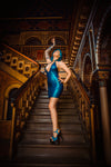 Latex Chun Li dress in Metallic Blue with Gold glitter latex.