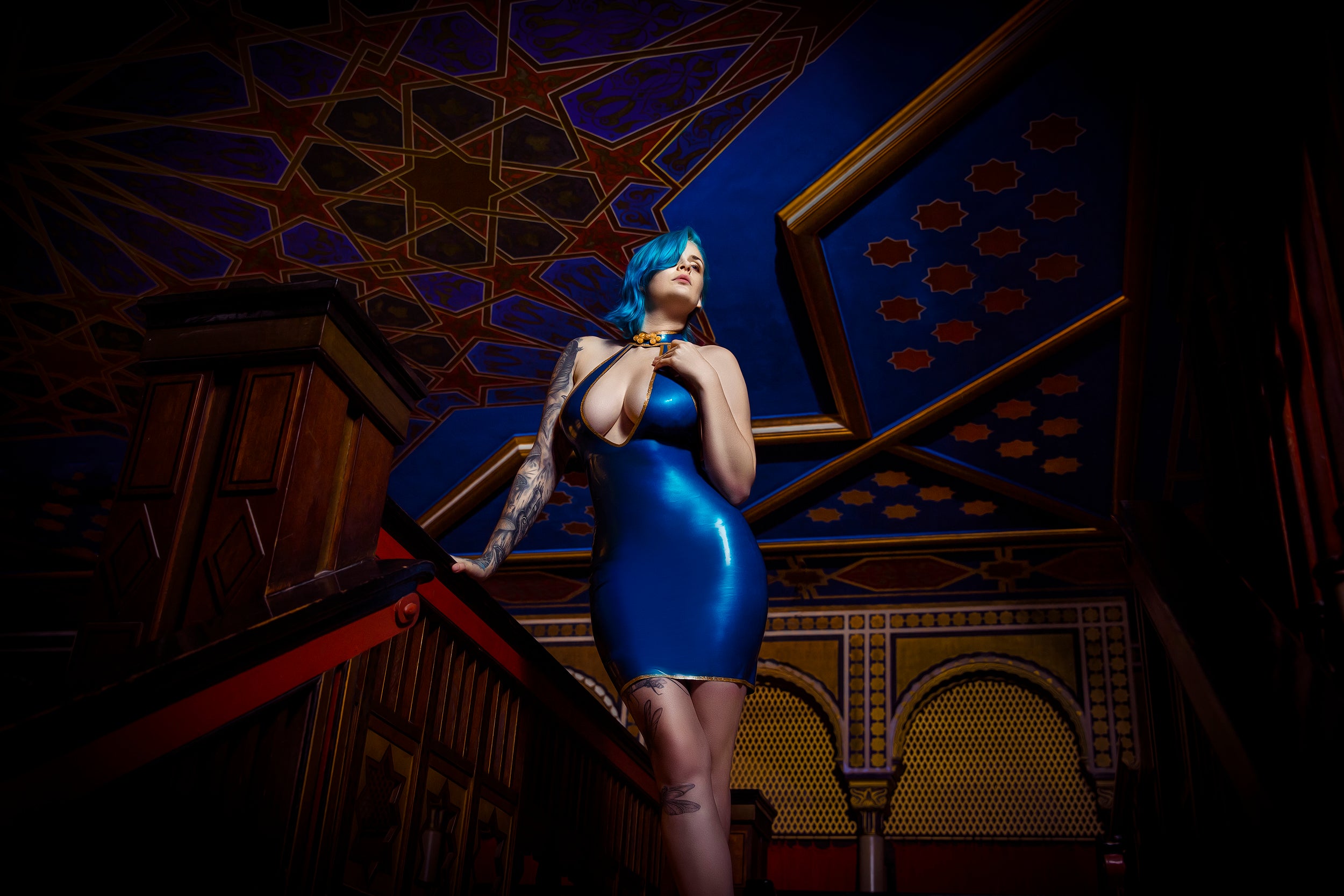 Latex Chun Li dress in Metallic Blue with Gold glitter latex.
