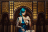 Latex Chun Li dress in Metallic Blue with Gold glitter latex.