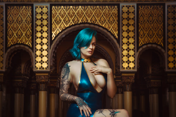 Latex Chun Li dress in Metallic Blue with Gold glitter latex.