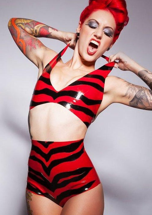 Latex Zebra Halterneck Bra in Black and Red.