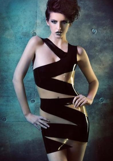 Latex Bandage dress in Black and Translucent Natural.