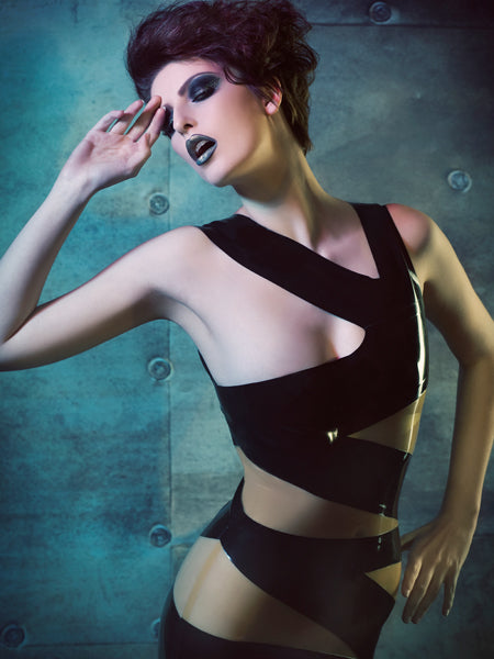 Latex Bandage dress in Black and Translucent Natural.