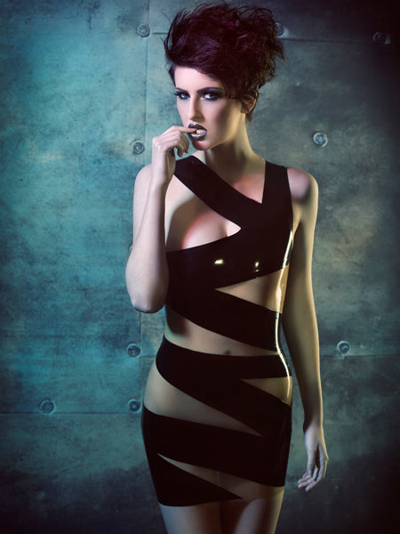 Latex Bandage dress in Black and Translucent Natural.