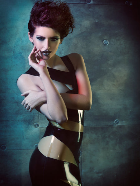 Latex Bandage dress in Black and Translucent Natural.