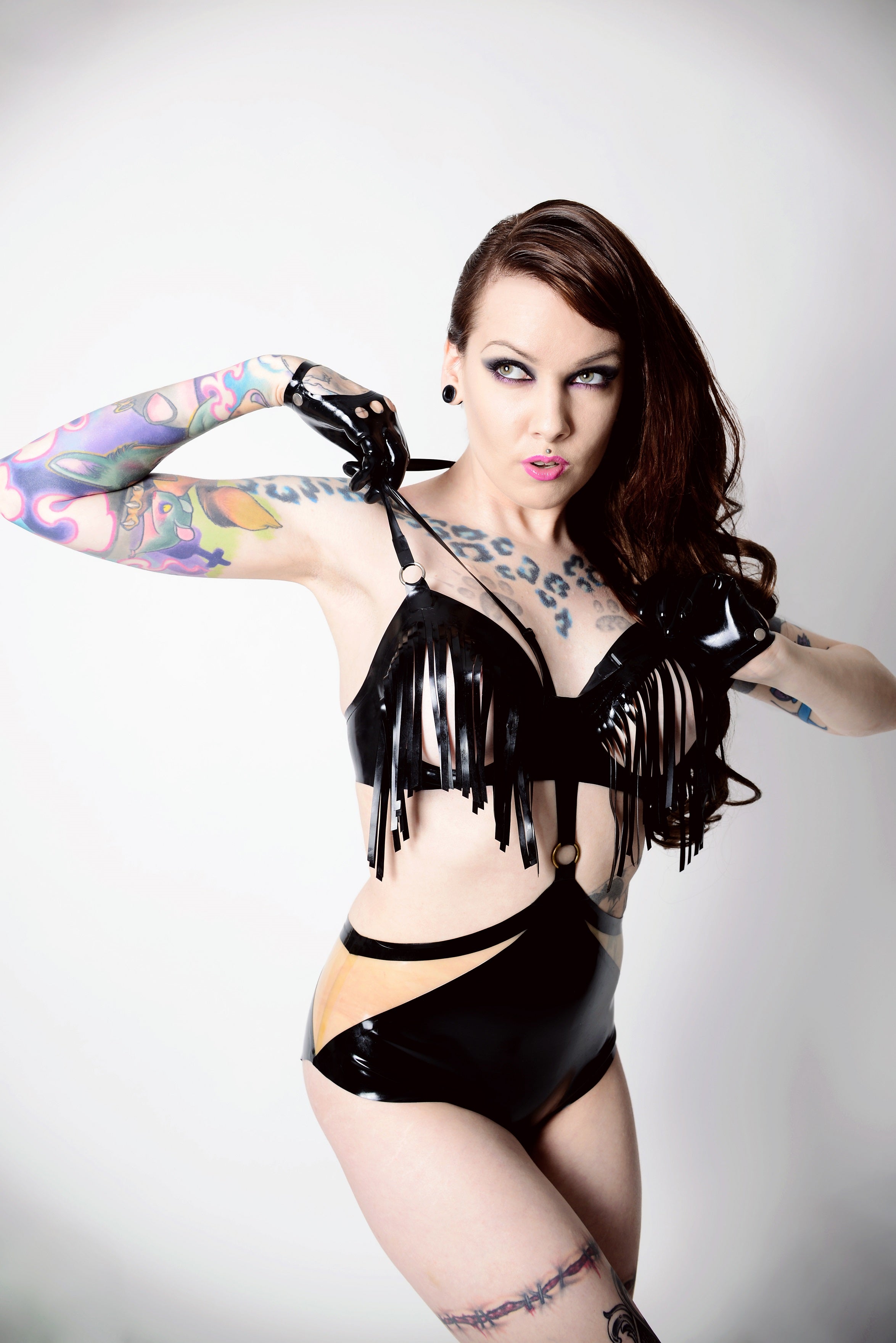 Latex Ava strap knickers in Black and Translucent Natural.