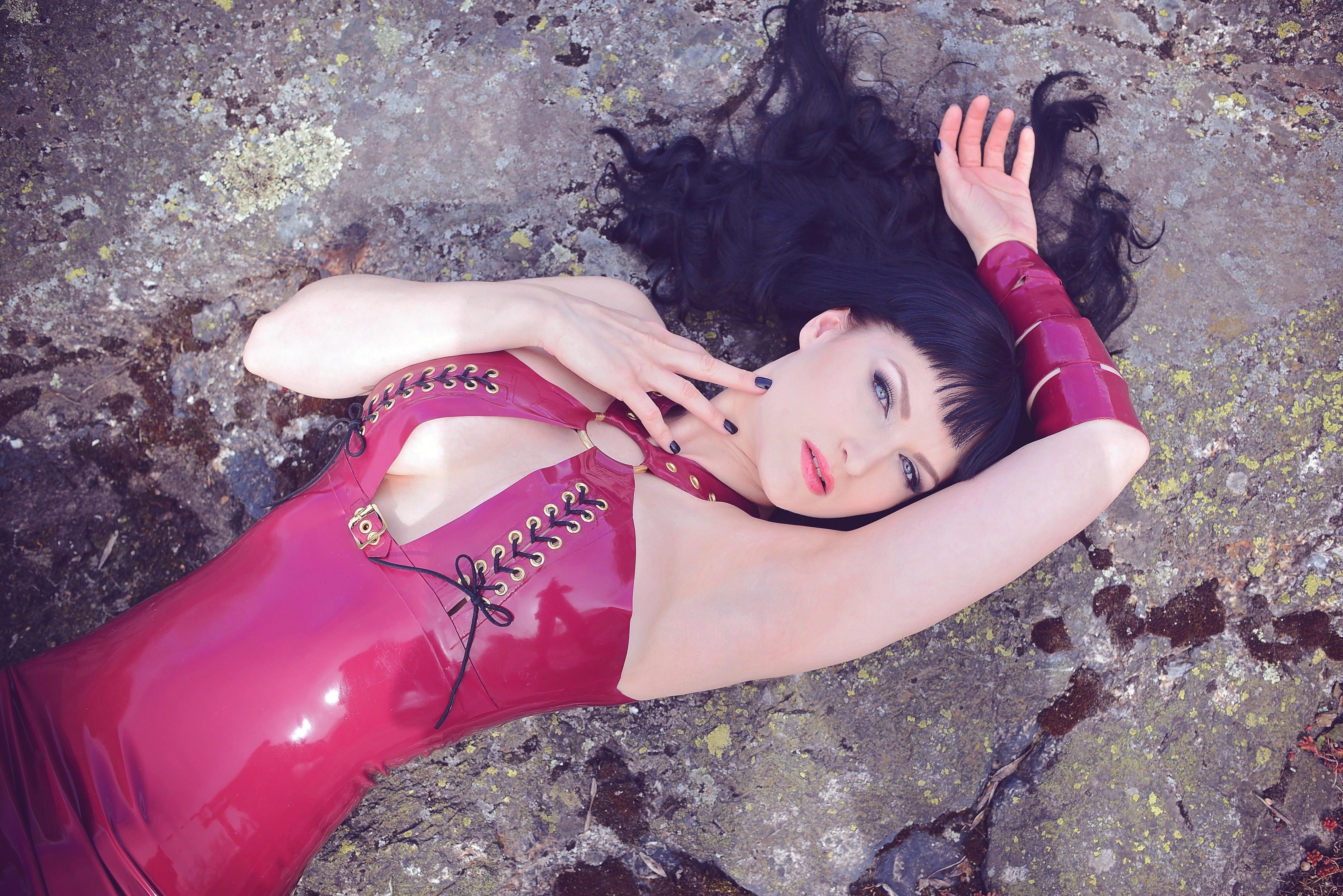 Latex 'Kyra' dress in Plum and Gold.