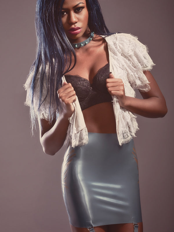 Latex Peacock mini skirt.