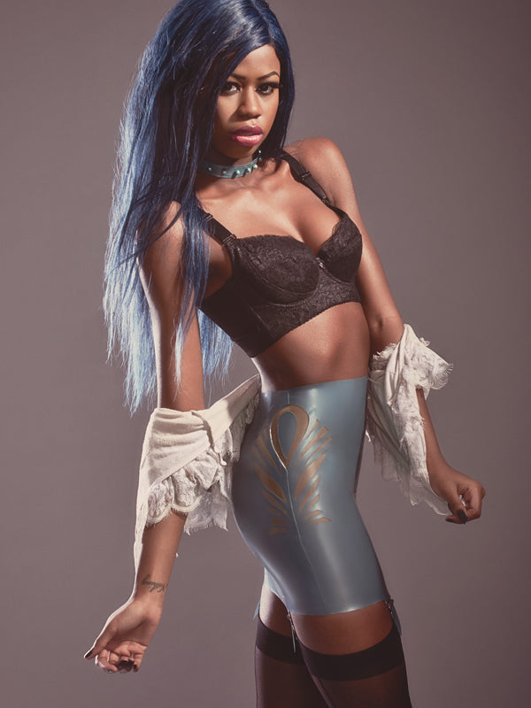 Latex Peacock mini skirt.