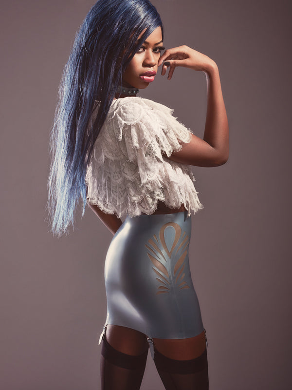 Latex Peacock mini skirt.