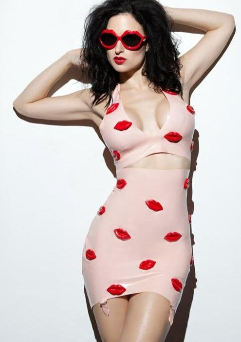 Latex Lingerie Hot Lips Bikini top in Baby pink with Red latex 3D lips.