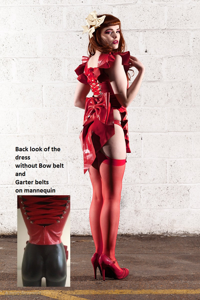 Latex Red Pin Up Pinny Apron dress with white 3D latex love hearts.