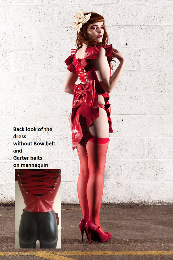 Latex Red Pin Up Pinny Apron dress with white 3D latex love hearts.