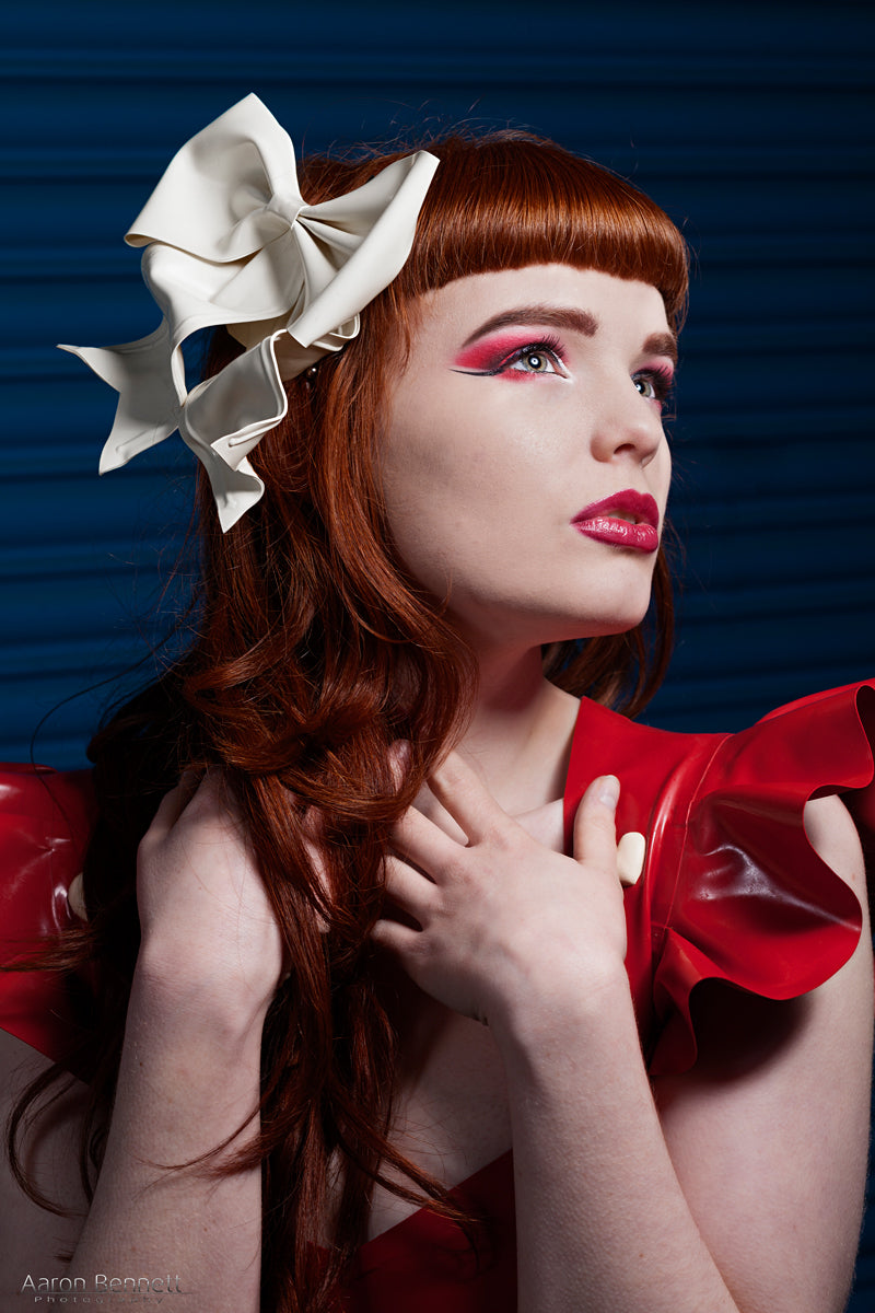 Latex Red Pin Up Pinny Apron dress with white 3D latex love hearts.