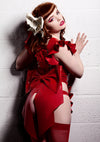 Latex Red Pin Up Pinny Apron dress with white 3D latex love hearts.