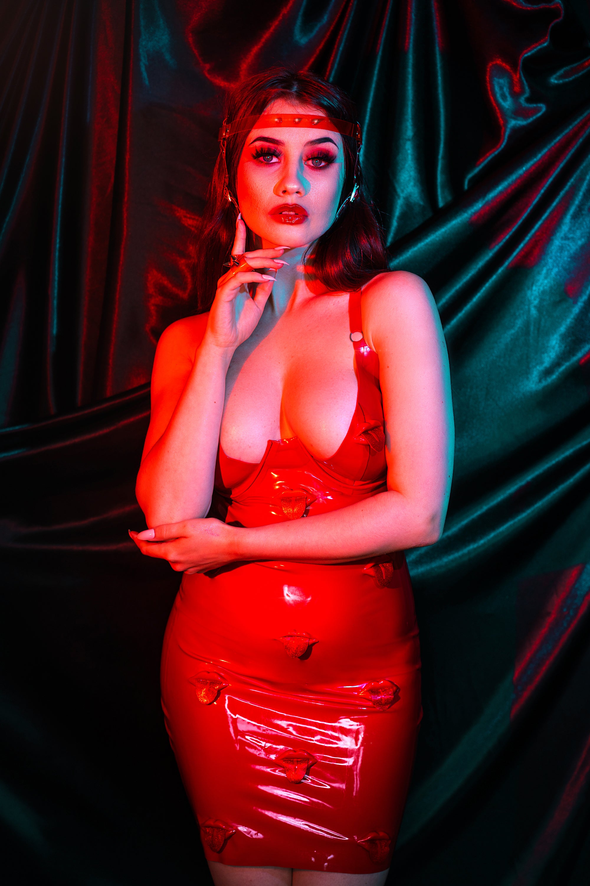 Latex Red Glitter Kiss dress with Underwired Bra cups and 3D latex lips with glitter tongues.