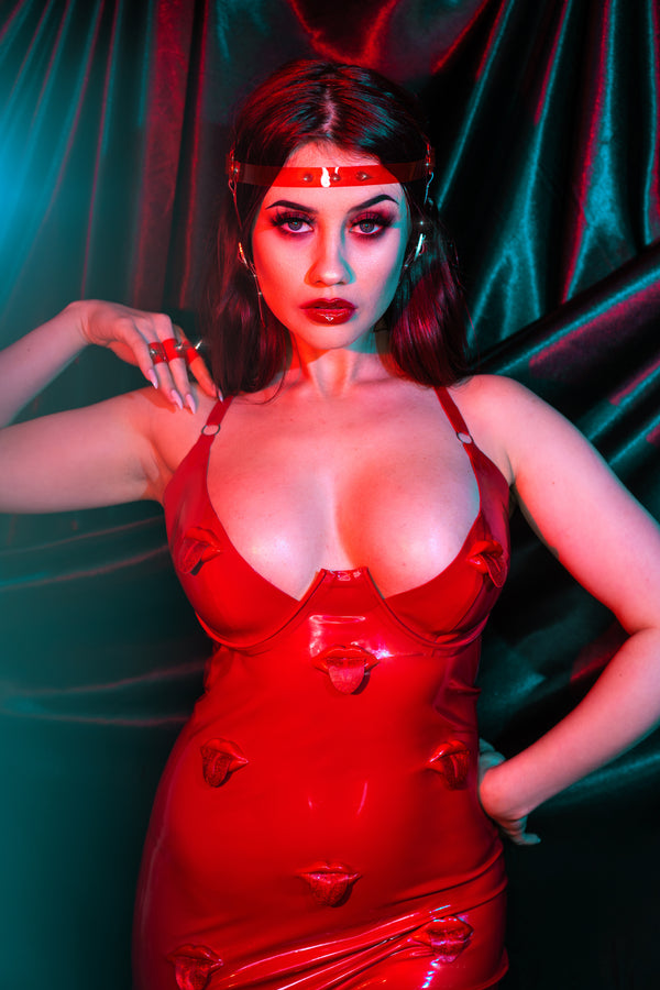 Latex Red Glitter Kiss dress with Underwired Bra cups and 3D latex lips with glitter tongues.