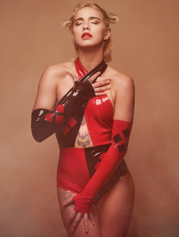 Latex Harley bodysuit in Black and Red.