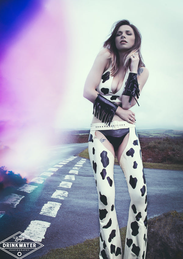 Latex Cow girl Halterneck Bra in Black and White.