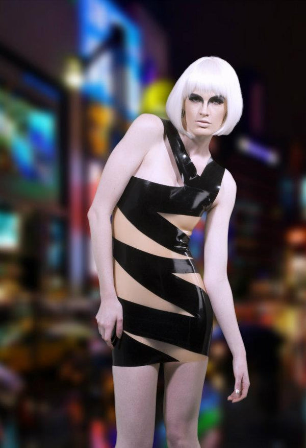 Latex Bandage dress in Black and Translucent Natural.