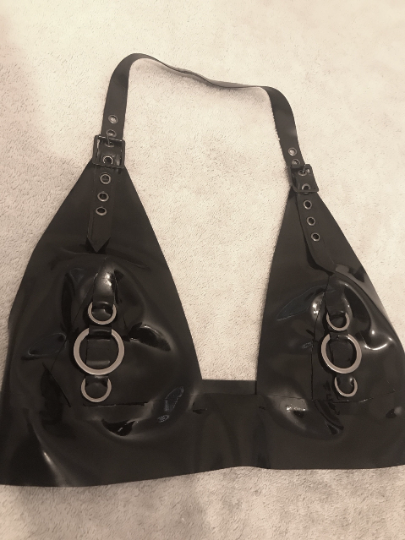 Latex Sinister Halter bra in Black with gunmetal.