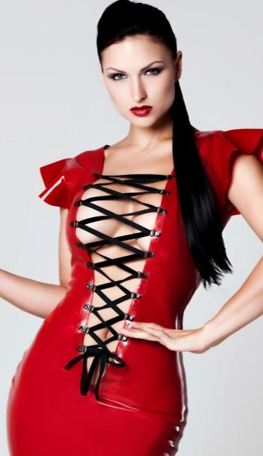 Latex Front lace up Mini dress in Red or Black velvet ribbon.