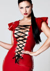 Latex Front lace up Mini dress in Red or Black velvet ribbon.