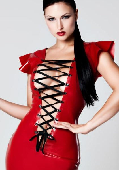 Latex Front lace up Mini dress in Red or Black velvet ribbon.